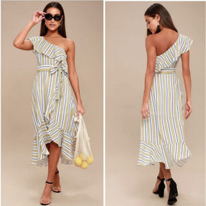 Lulu’s High Tide Yellow Striped One Shoulder Ruffle Midi Dress